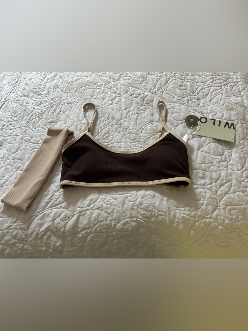 Two-Tone Brown & Beige Ribbed Sports Bra w/ Matching Headband